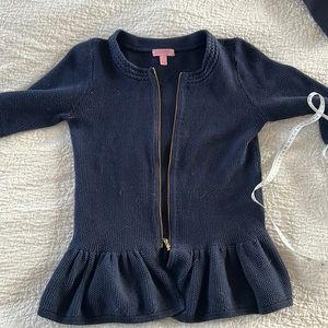 Lilly Pulitzer Karla Navy Metallic Shimmer Peplum Zip Cardigan medium M Blue